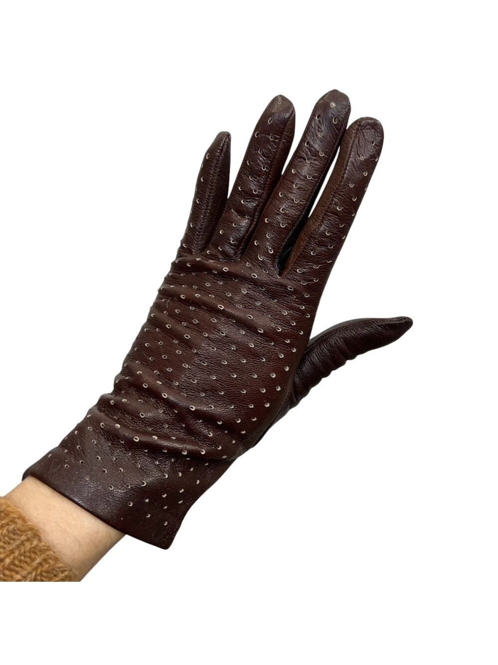 Vintage brown perforated leather wrist length short gloves 7